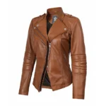 Women's Light Brown Real Lambskin Leather Biker Jacket Front