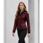 Womens Maroon Bomber Leather Removable Hooded Jacket