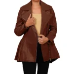 Women's Peplum Brown Real Lambskin Leather Jacket Front Women's Peplum Brown Real Lambskin Leather Jacket Front