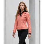 Womens Pink Bomber Leather Removable Hooded Jacket