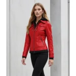 Womens Red Bomber Leather Removable Hooded Jacket