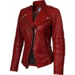Women's Red Real Lambskin Leather Biker Jacket Front