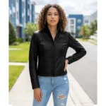 Acerra Womens Black Cafe Racer Leather Jacket