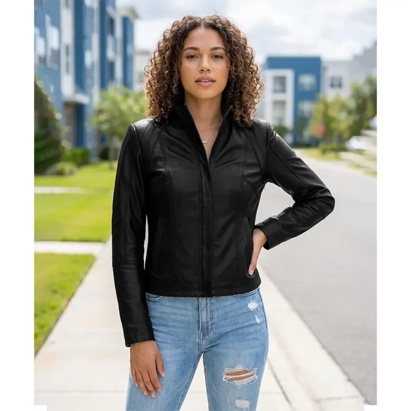 Acerra Womens Black Cafe Racer Leather Jacket