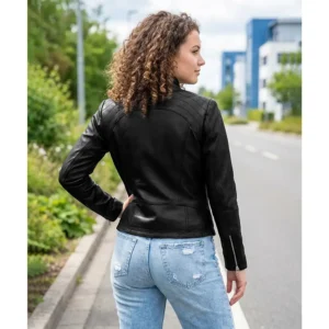 Acerra Womens Black Cafe Racer Leather Jacket Back