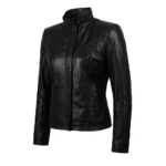 Acerra Womens Black Cafe Racer Leather Jacket Fornt