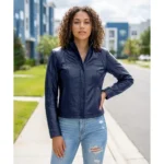 Acerra Womens Blue Cafe Racer Leather Jacket