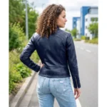 Acerra Womens Blue Cafe Racer Leather Jacket Back