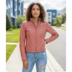 Acerra Womens Light Pink Cafe Racer Leather Jacket