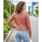Acerra Womens Light Pink Cafe Racer Leather Jacket Back