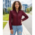 Acerra Womens Maroon Cafe Racer Leather Jacket