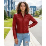Acerra Womens Red Cafe Racer Leather Jacket