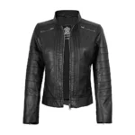 Bergamo Women's Black Cafe Racer Leather Jacket Front Bergamo Women's Black Cafe Racer Leather Jacket Front