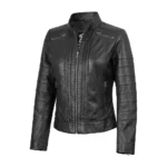 Bergamo Women's Black Cafe Racer Leather Jacket Full Bergamo Women's Black Cafe Racer Leather Jacket Full