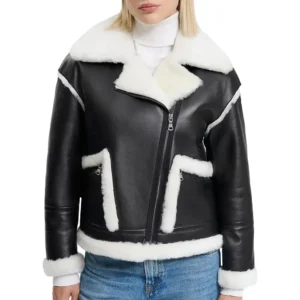 Black And White Faux Shearling Aviator Leather Jacket