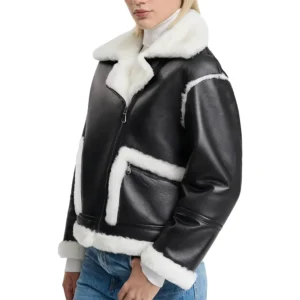 Black And White Faux Shearling Aviator Leather Jacket Side