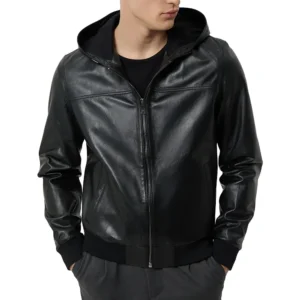 Black Hooded Bomber Genuine Leather Jacket