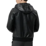 Black Hooded Bomber Genuine Leather Jacket Back