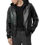 Black Hooded Bomber Genuine Leather Jacket Front