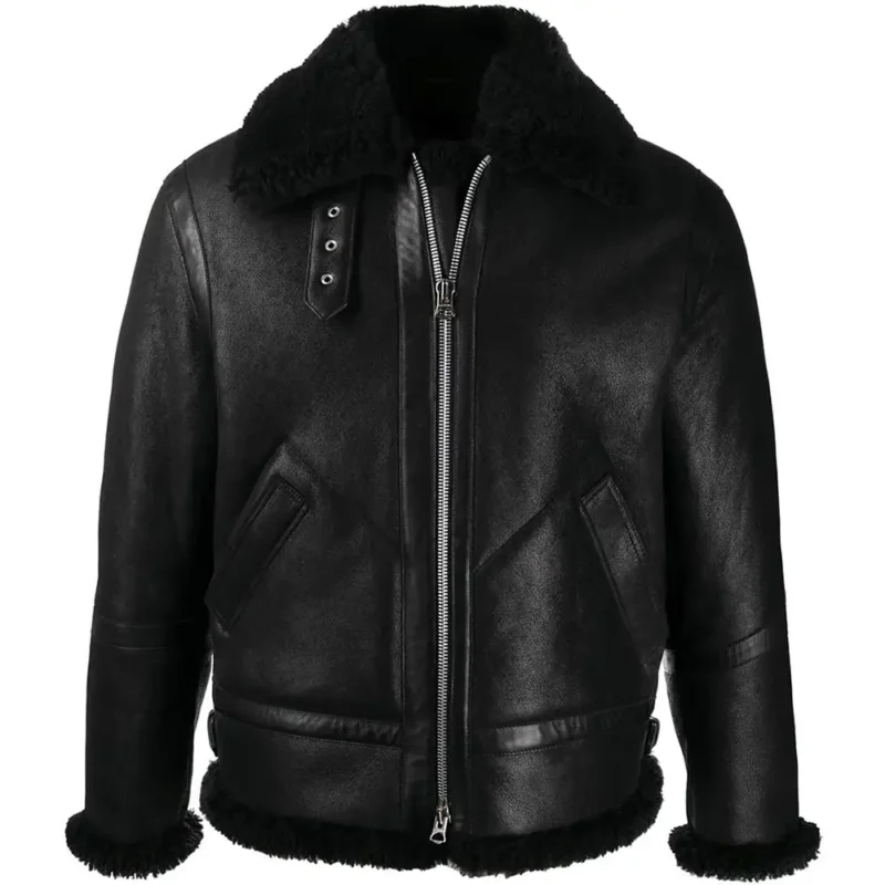 Black Shearling B-3 Bomber Leather Jacket