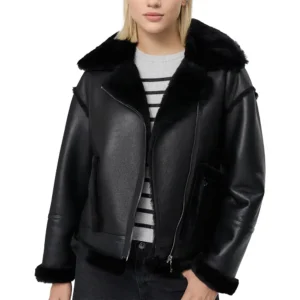 Black With Black Faux Fur Shearling Aviator Leather Jacket