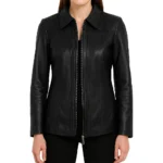 Marsha Shirt Collar Zip Up Genuine Leather Black Jacket Marsha Shirt Collar Zip Up Genuine Leather Black Jacket