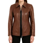 Marsha Shirt Collar Zip Up Genuine Leather Cognac Jacket Marsha Shirt Collar Zip Up Genuine Leather Cognac Jacket