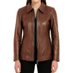 Marsha Shirt Collar Zip Up Genuine Leather Cognac Jacket For Sale Marsha Shirt Collar Zip Up Genuine Leather Cognac Jacket For Sale
