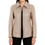 Marsha Shirt Collar Zip Up Genuine Leather Jacket Marsha Shirt Collar Zip Up Genuine Leather Jacket