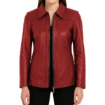 Marsha Shirt Collar Zip Up Genuine Leather Red Jacket Marsha Shirt Collar Zip Up Genuine Leather Red Jacket