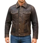 Men Western Real Leather Tracker Distressed Brown Jacket