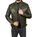 Men’s Army Green Retro Style Zipped Real Leather Biker Jacket