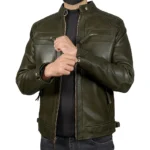Men’s Army Green Retro Style Zipped Real Leather Biker Jacket Front