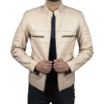 Men’s Beige Lambskin Leather Cafe Racer Jacket For Sale