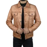 Men's Beige Lambskin Leather Trucker Jacket