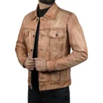 Men's Beige Lambskin Leather Trucker Jacket Front