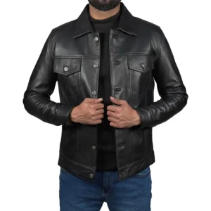 Men's Black Lambskin Leather Trucker Jacket