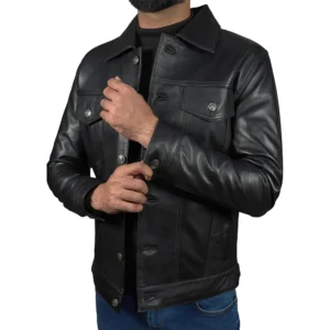 Men's Black Lambskin Leather Trucker Jacket Sleeves