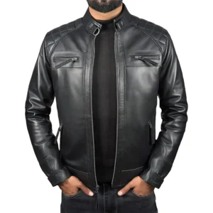 Men’s Black Retro Style Zipped Real Leather Biker Jacket