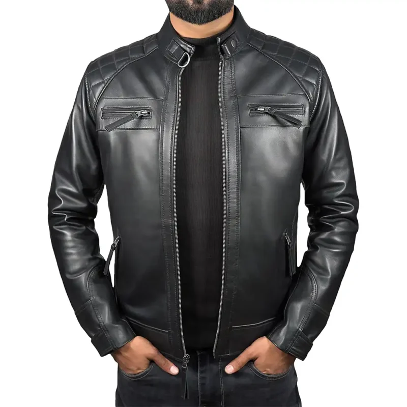 Men’s Black Retro Style Zipped Real Leather Biker Jacket
