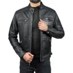 Men’s Black Retro Style Zipped Real Leather Biker Jacket Sale