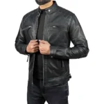 Men’s Black Retro Style Zipped Real Leather Biker Jacket Side