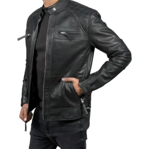 Men’s Black Retro Style Zipped Real Leather Biker Jacket Sleeves