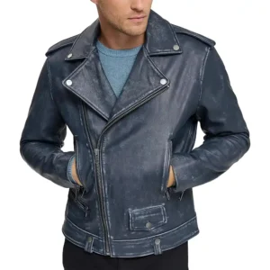 Men's Blue Distressed Genuine Leather Biker Jacket