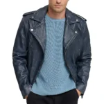 Men's Blue Distressed Genuine Leather Biker Jacket front