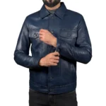 Men's Blue Lambskin Leather Trucker Jacket