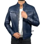 Men’s Blue Retro Style Zipped Real Leather Biker Jacket