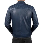 Men’s Blue Retro Style Zipped Real Leather Biker Jacket Back