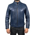 Men’s Blue Retro Style Zipped Real Leather Biker Jacket Front