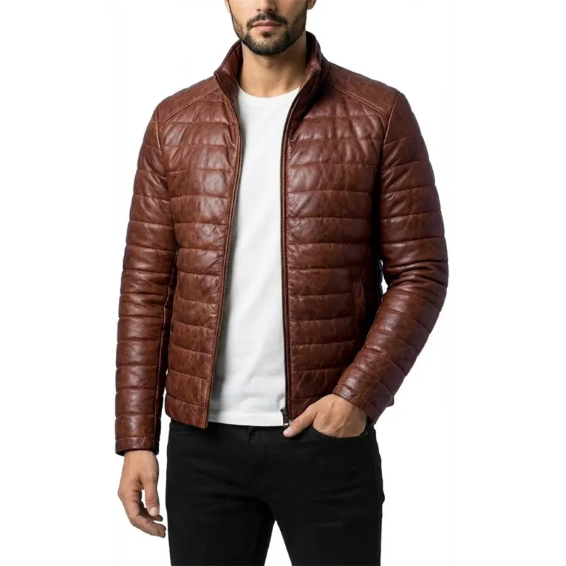 Men's Brown Quilted Leather Puffer Jacket